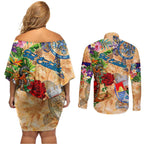 Sint Eustatius Couples Matching Off Shoulder Short Dress and Long Sleeve Button Shirt Geographic Coordinate Anchor - Turlte Tropical