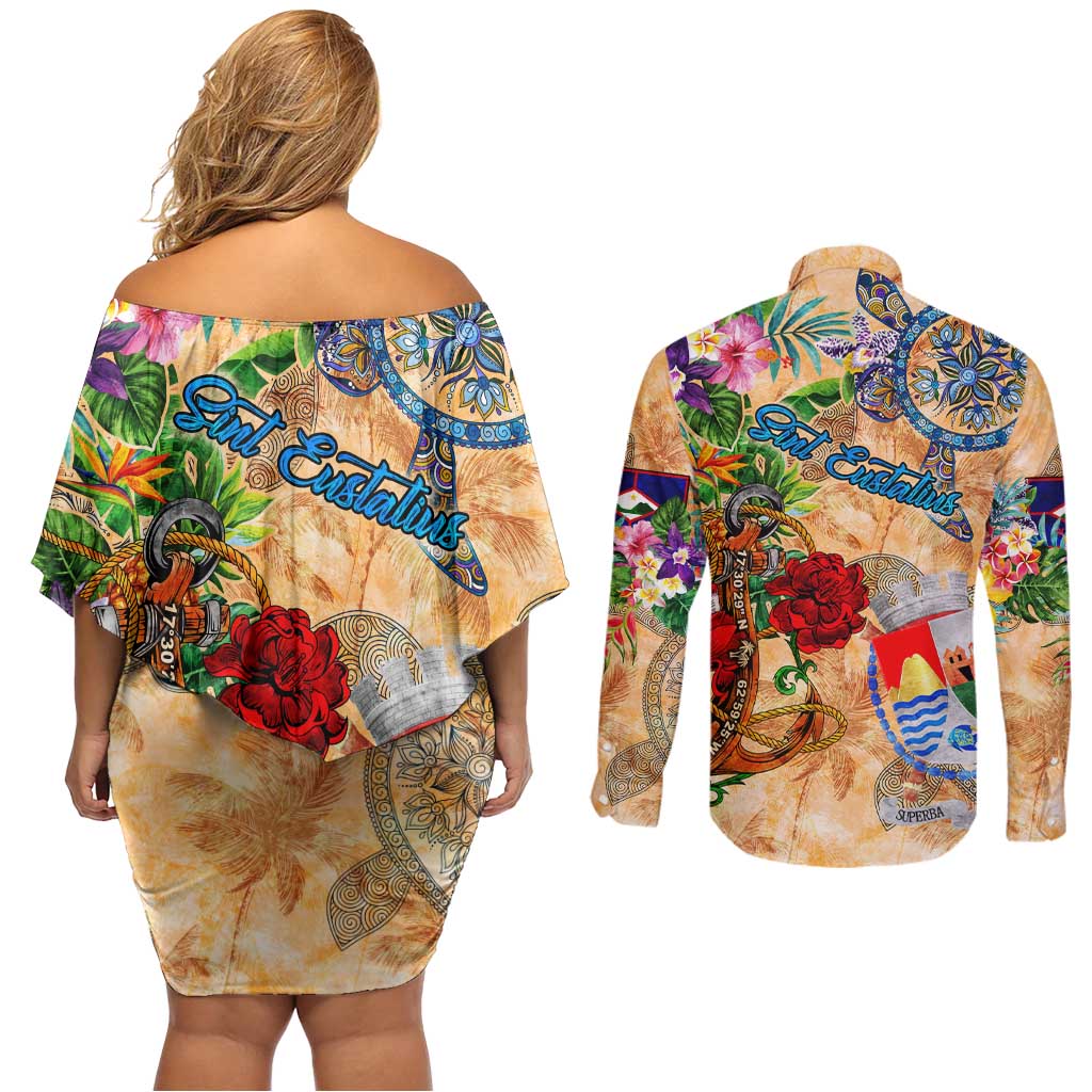 Sint Eustatius Couples Matching Off Shoulder Short Dress and Long Sleeve Button Shirt Geographic Coordinate Anchor - Turlte Tropical