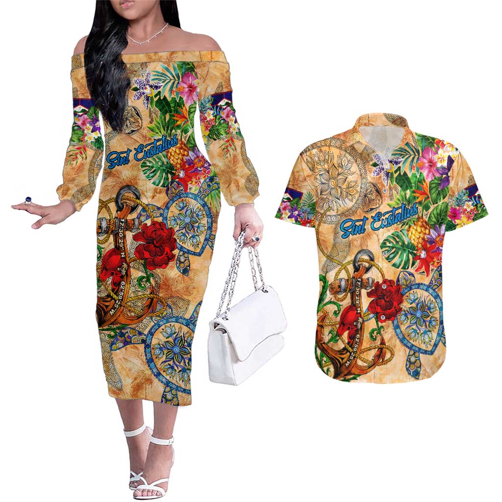 Sint Eustatius Couples Matching Off The Shoulder Long Sleeve Dress and Hawaiian Shirt Geographic Coordinate Anchor - Turlte Tropical