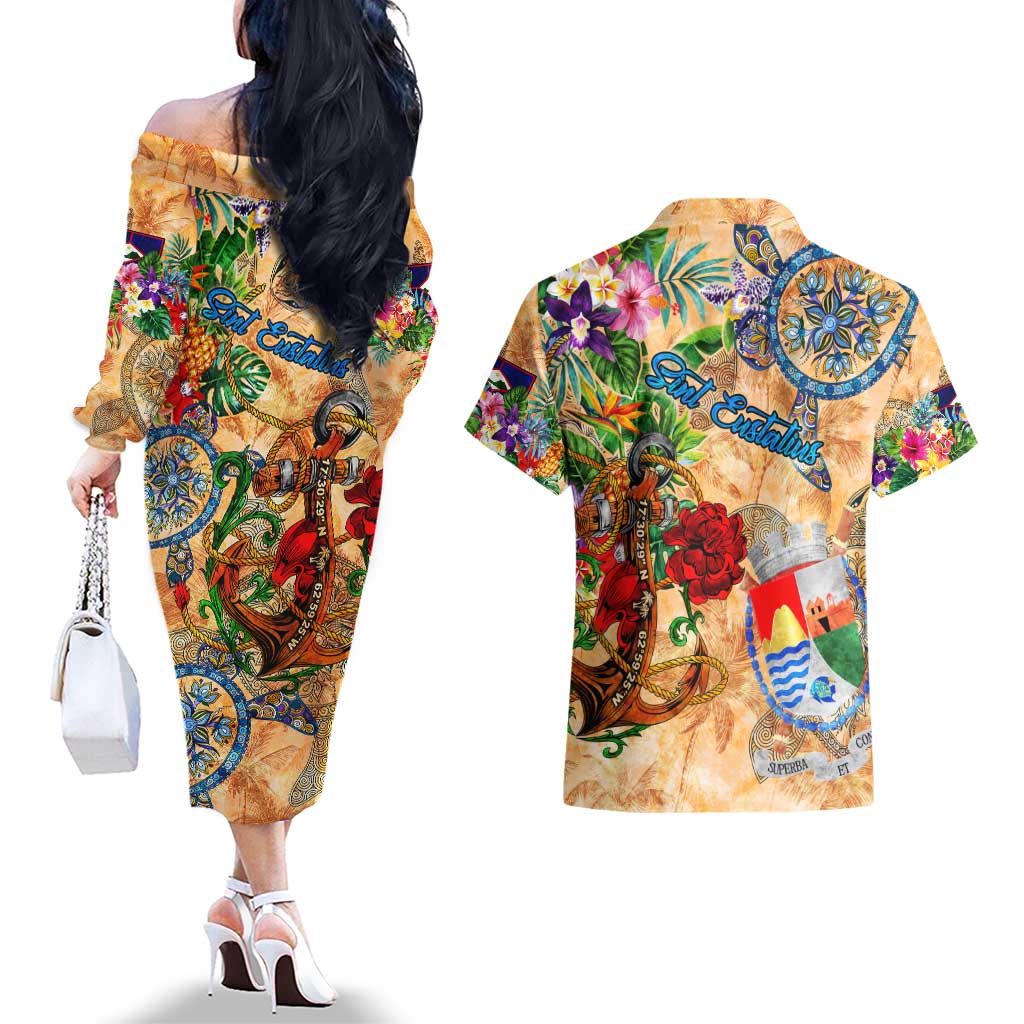 Sint Eustatius Couples Matching Off The Shoulder Long Sleeve Dress and Hawaiian Shirt Geographic Coordinate Anchor - Turlte Tropical