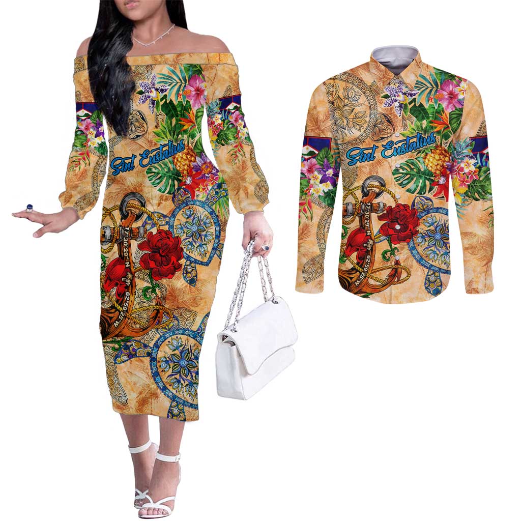 Sint Eustatius Couples Matching Off The Shoulder Long Sleeve Dress and Long Sleeve Button Shirt Geographic Coordinate Anchor - Turlte Tropical