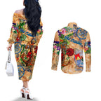Sint Eustatius Couples Matching Off The Shoulder Long Sleeve Dress and Long Sleeve Button Shirt Geographic Coordinate Anchor - Turlte Tropical