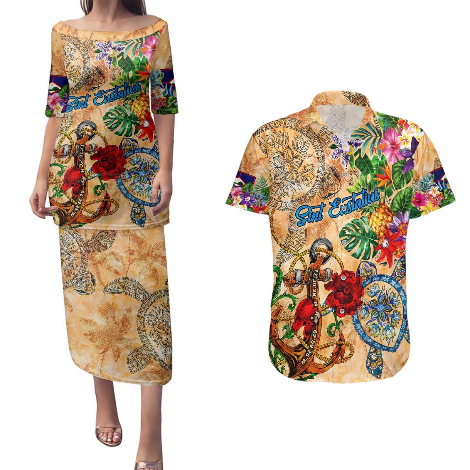 Sint Eustatius Couples Matching Puletasi and Hawaiian Shirt Geographic Coordinate Anchor - Turlte Tropical