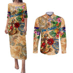 Sint Eustatius Couples Matching Puletasi and Long Sleeve Button Shirt Geographic Coordinate Anchor - Turlte Tropical