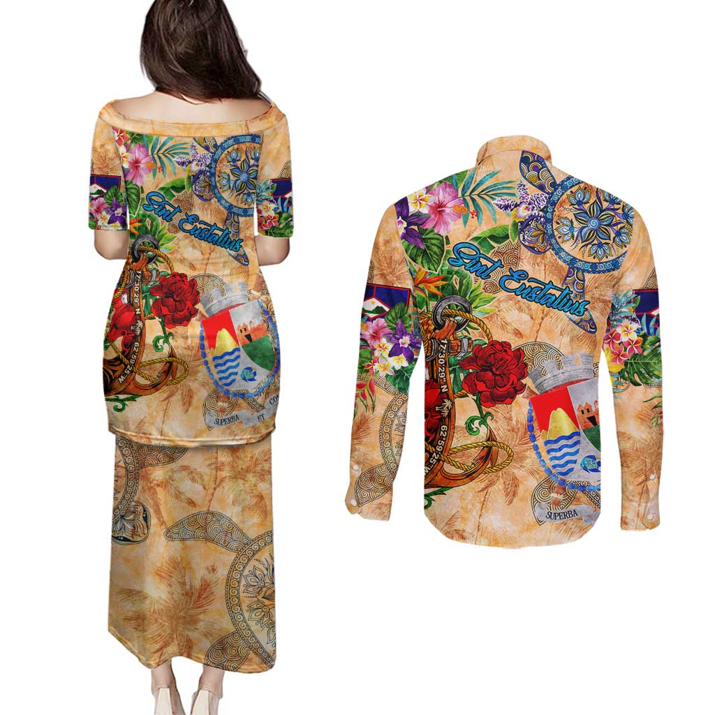 Sint Eustatius Couples Matching Puletasi and Long Sleeve Button Shirt Geographic Coordinate Anchor - Turlte Tropical