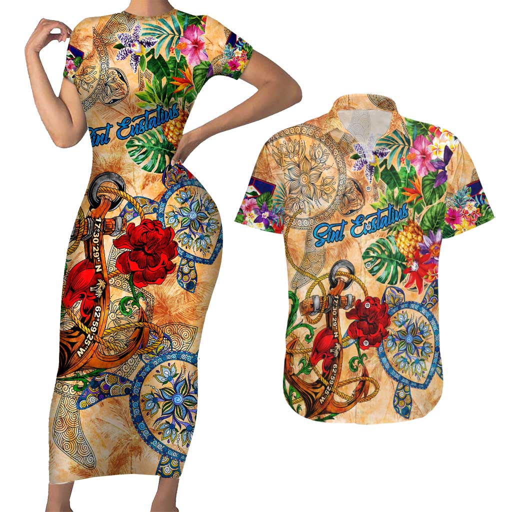 Sint Eustatius Couples Matching Short Sleeve Bodycon Dress and Hawaiian Shirt Geographic Coordinate Anchor - Turlte Tropical