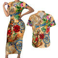 Sint Eustatius Couples Matching Short Sleeve Bodycon Dress and Hawaiian Shirt Geographic Coordinate Anchor - Turlte Tropical