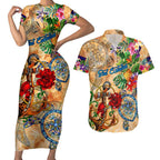 Sint Eustatius Couples Matching Short Sleeve Bodycon Dress and Hawaiian Shirt Geographic Coordinate Anchor - Turlte Tropical