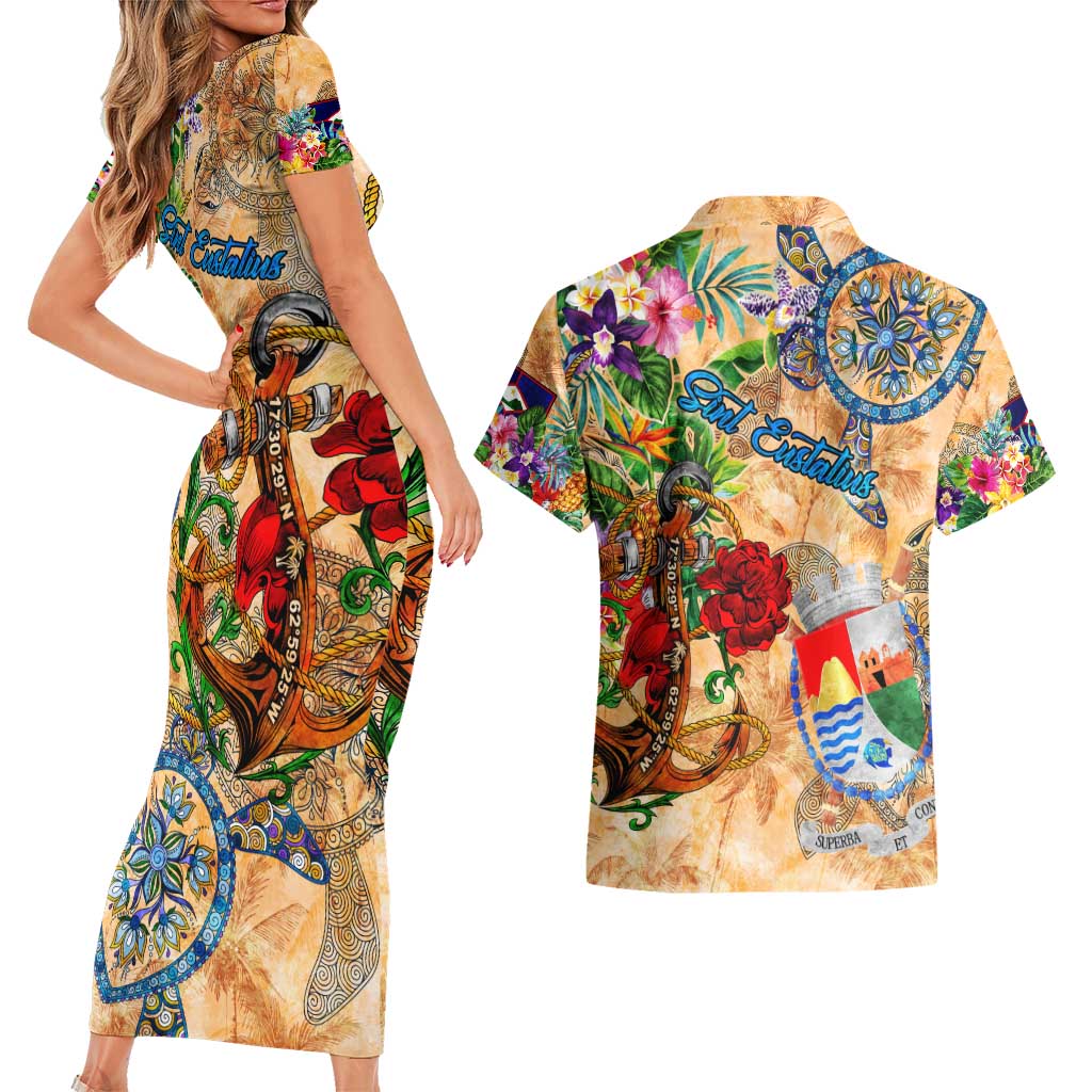 Sint Eustatius Couples Matching Short Sleeve Bodycon Dress and Hawaiian Shirt Geographic Coordinate Anchor - Turlte Tropical