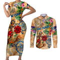 Sint Eustatius Couples Matching Short Sleeve Bodycon Dress and Long Sleeve Button Shirt Geographic Coordinate Anchor - Turlte Tropical