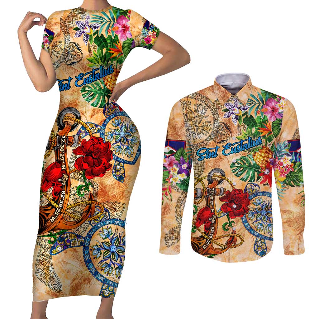 Sint Eustatius Couples Matching Short Sleeve Bodycon Dress and Long Sleeve Button Shirt Geographic Coordinate Anchor - Turlte Tropical