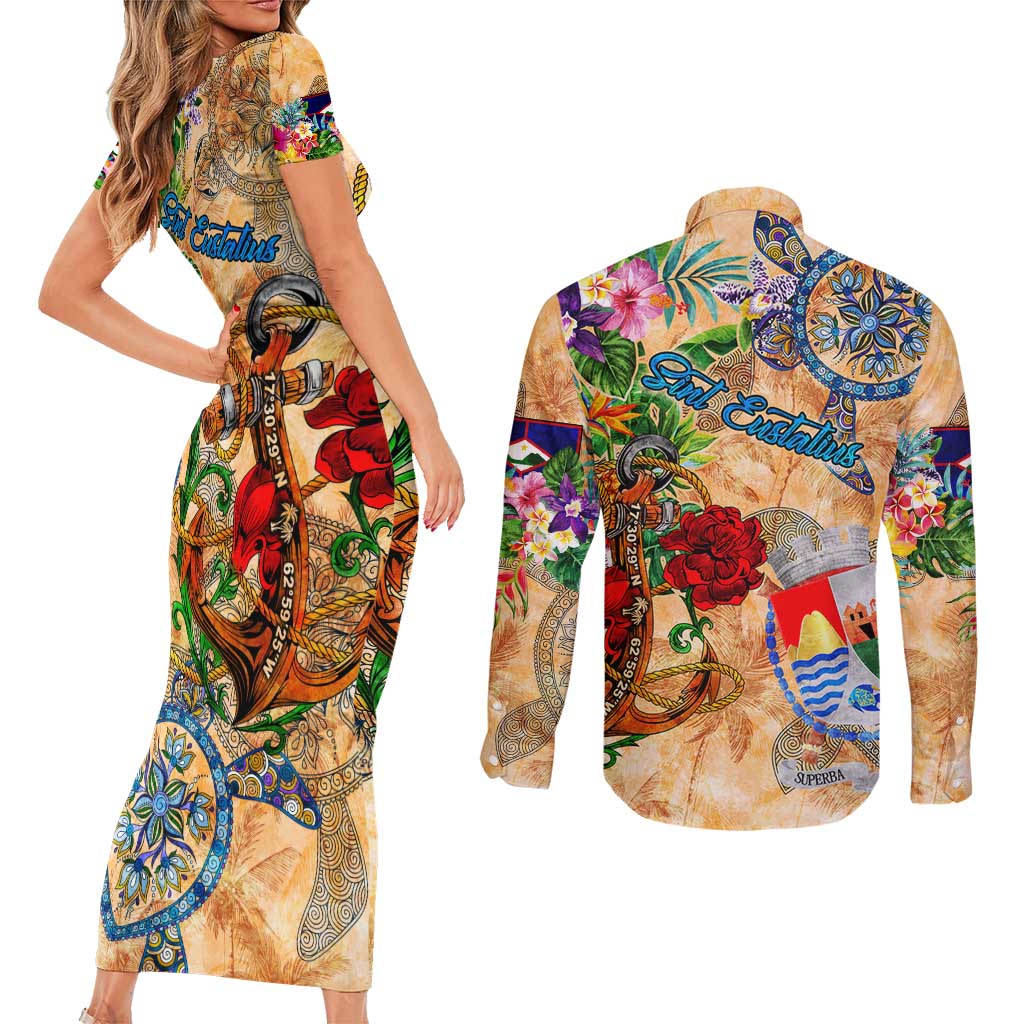 Sint Eustatius Couples Matching Short Sleeve Bodycon Dress and Long Sleeve Button Shirt Geographic Coordinate Anchor - Turlte Tropical