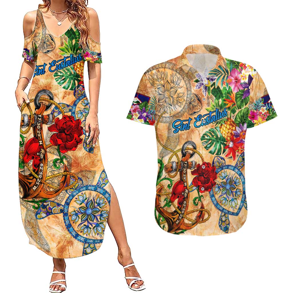 Sint Eustatius Couples Matching Summer Maxi Dress and Hawaiian Shirt Geographic Coordinate Anchor - Turlte Tropical