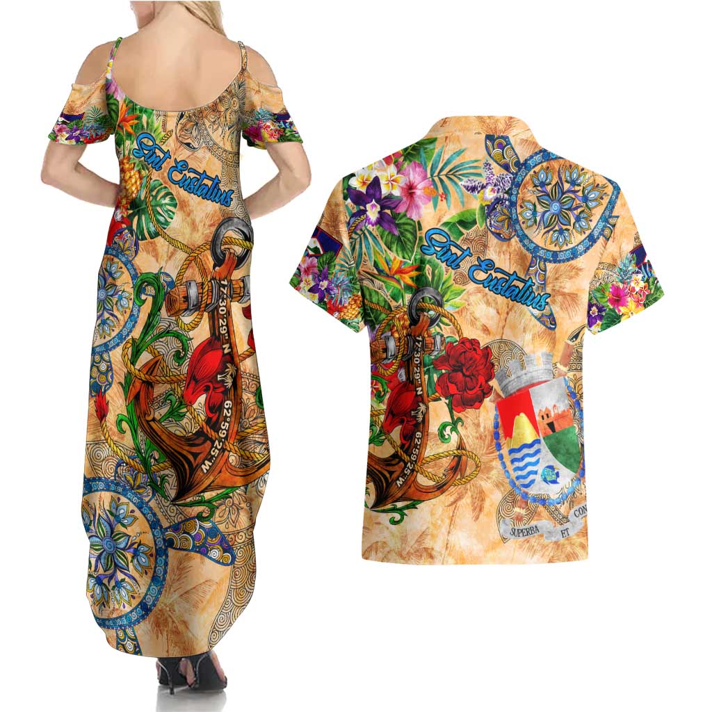 Sint Eustatius Couples Matching Summer Maxi Dress and Hawaiian Shirt Geographic Coordinate Anchor - Turlte Tropical