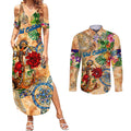 Sint Eustatius Couples Matching Summer Maxi Dress and Long Sleeve Button Shirt Geographic Coordinate Anchor - Turlte Tropical