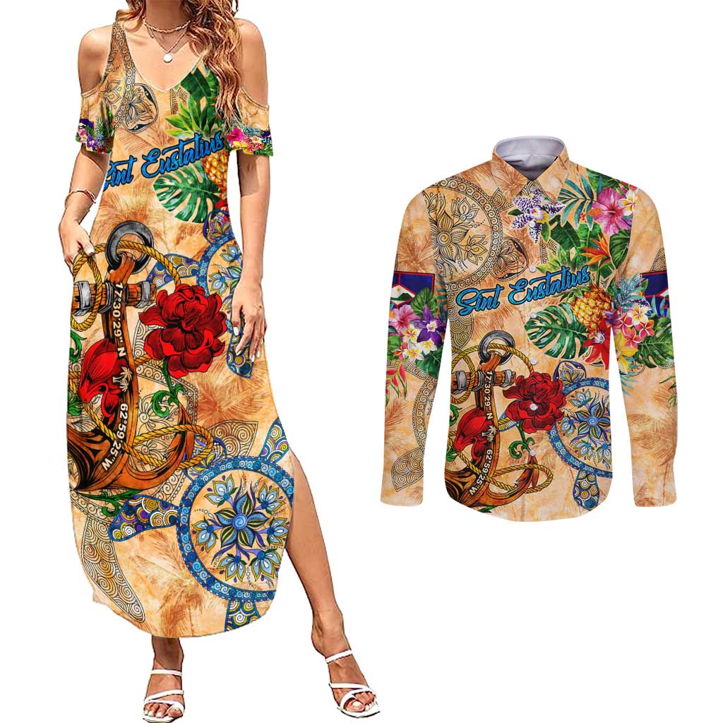 Sint Eustatius Couples Matching Summer Maxi Dress and Long Sleeve Button Shirt Geographic Coordinate Anchor - Turlte Tropical