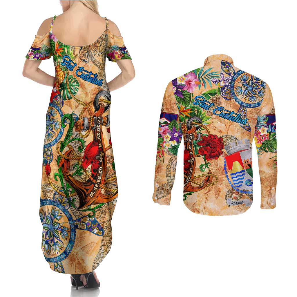 Sint Eustatius Couples Matching Summer Maxi Dress and Long Sleeve Button Shirt Geographic Coordinate Anchor - Turlte Tropical