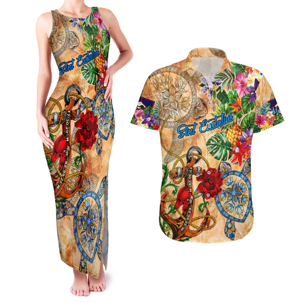 Sint Eustatius Couples Matching Tank Maxi Dress and Hawaiian Shirt Geographic Coordinate Anchor - Turlte Tropical