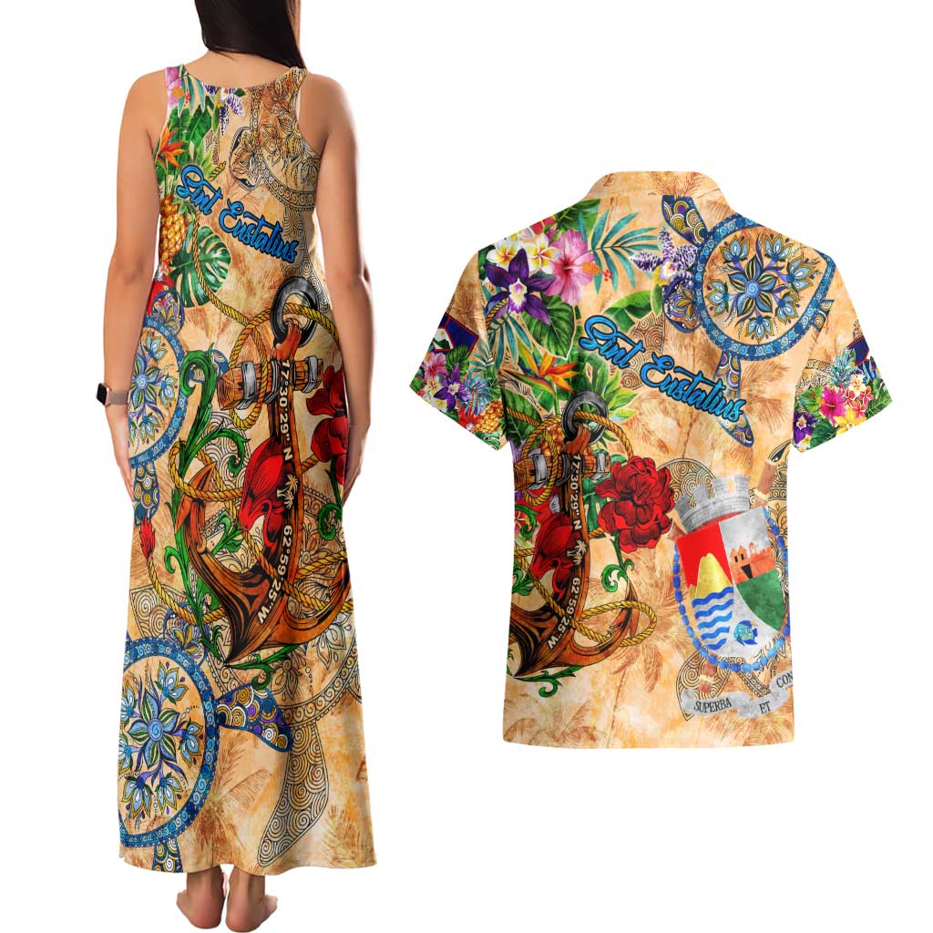 Sint Eustatius Couples Matching Tank Maxi Dress and Hawaiian Shirt Geographic Coordinate Anchor - Turlte Tropical