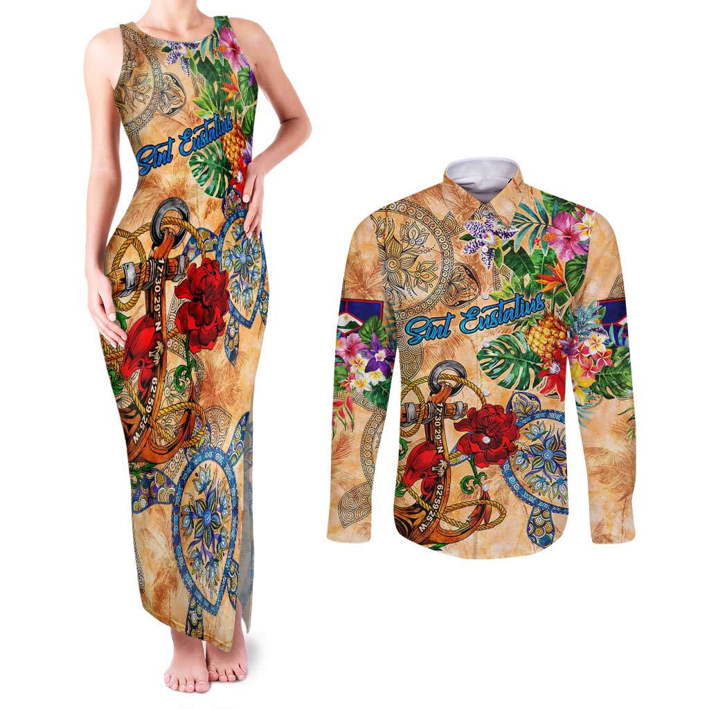 Sint Eustatius Couples Matching Tank Maxi Dress and Long Sleeve Button Shirt Geographic Coordinate Anchor - Turlte Tropical
