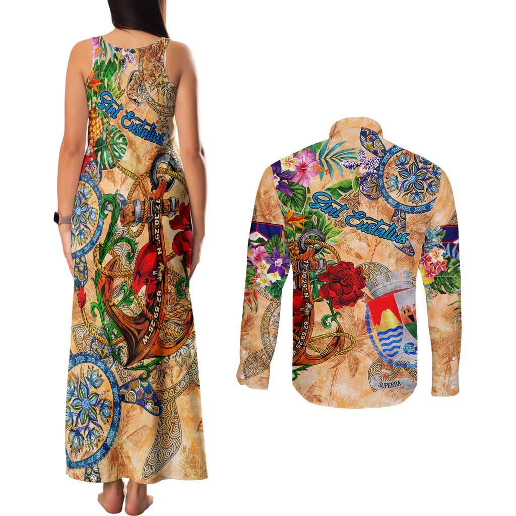Sint Eustatius Couples Matching Tank Maxi Dress and Long Sleeve Button Shirt Geographic Coordinate Anchor - Turlte Tropical