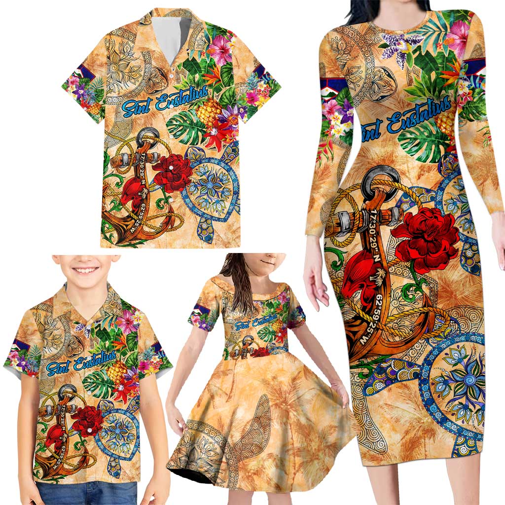 Sint Eustatius Family Matching Long Sleeve Bodycon Dress and Hawaiian Shirt Geographic Coordinate Anchor - Turlte Tropical