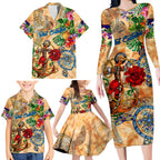 Sint Eustatius Family Matching Long Sleeve Bodycon Dress and Hawaiian Shirt Geographic Coordinate Anchor - Turlte Tropical