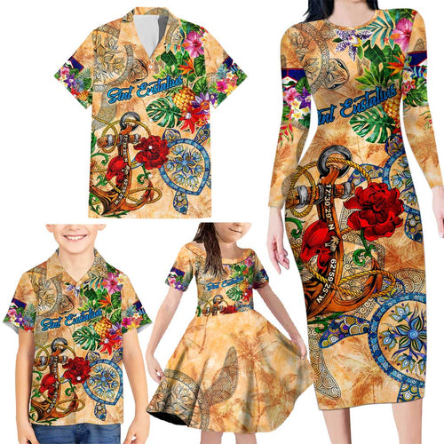 Sint Eustatius Family Matching Long Sleeve Bodycon Dress and Hawaiian Shirt Geographic Coordinate Anchor - Turlte Tropical