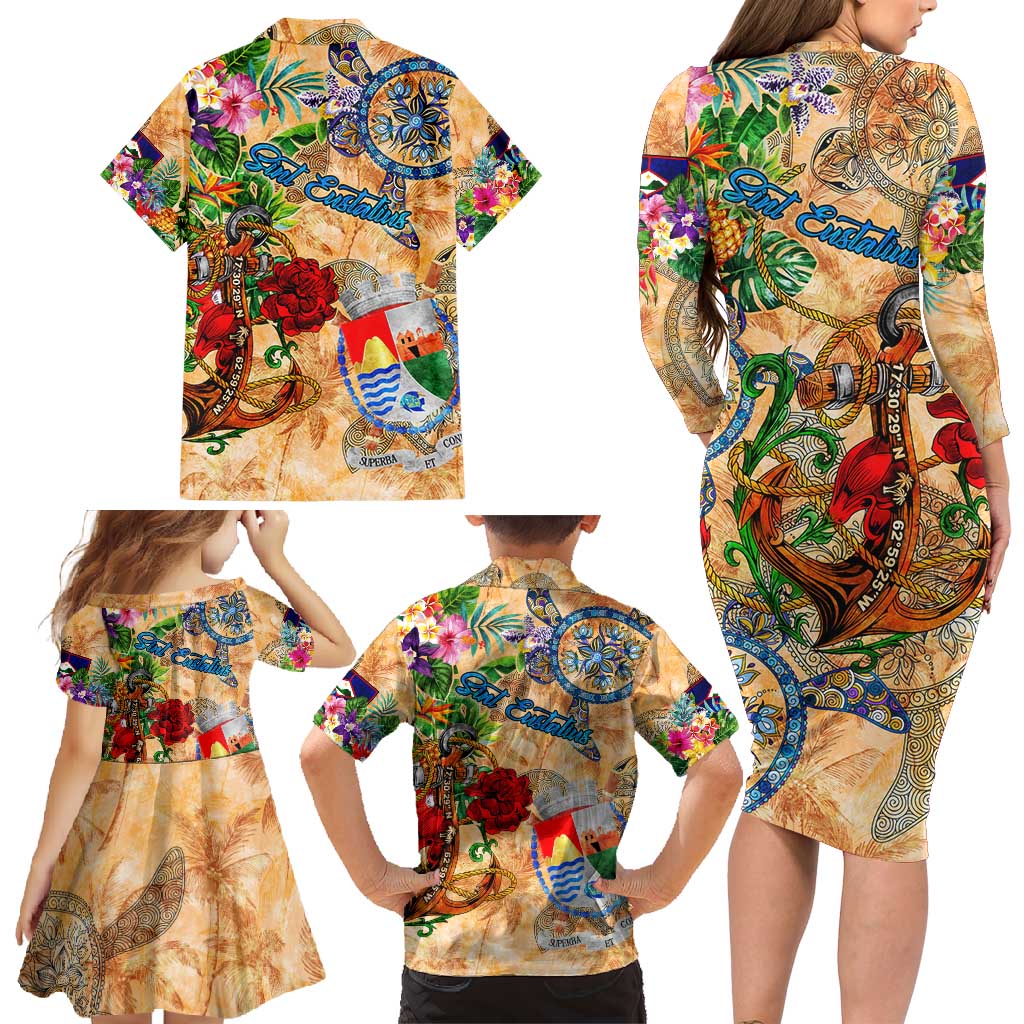 Sint Eustatius Family Matching Long Sleeve Bodycon Dress and Hawaiian Shirt Geographic Coordinate Anchor - Turlte Tropical