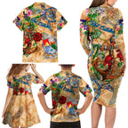 Sint Eustatius Family Matching Long Sleeve Bodycon Dress and Hawaiian Shirt Geographic Coordinate Anchor - Turlte Tropical