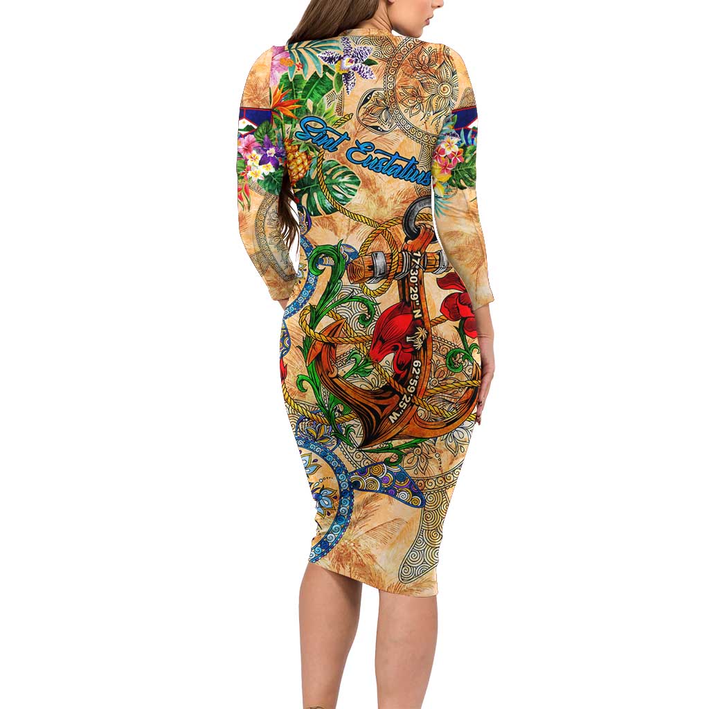 Sint Eustatius Family Matching Long Sleeve Bodycon Dress and Hawaiian Shirt Geographic Coordinate Anchor - Turlte Tropical