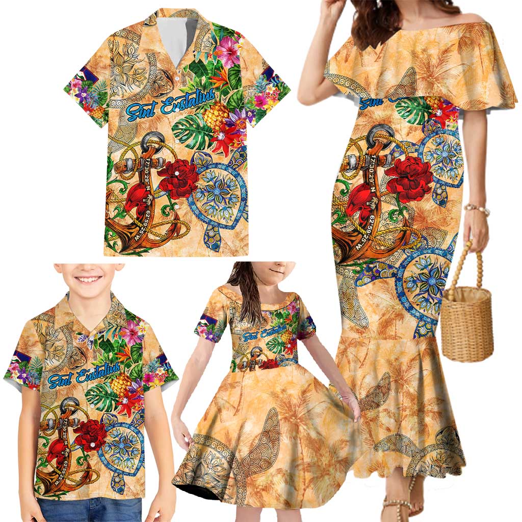 Sint Eustatius Family Matching Mermaid Dress and Hawaiian Shirt Geographic Coordinate Anchor - Turlte Tropical
