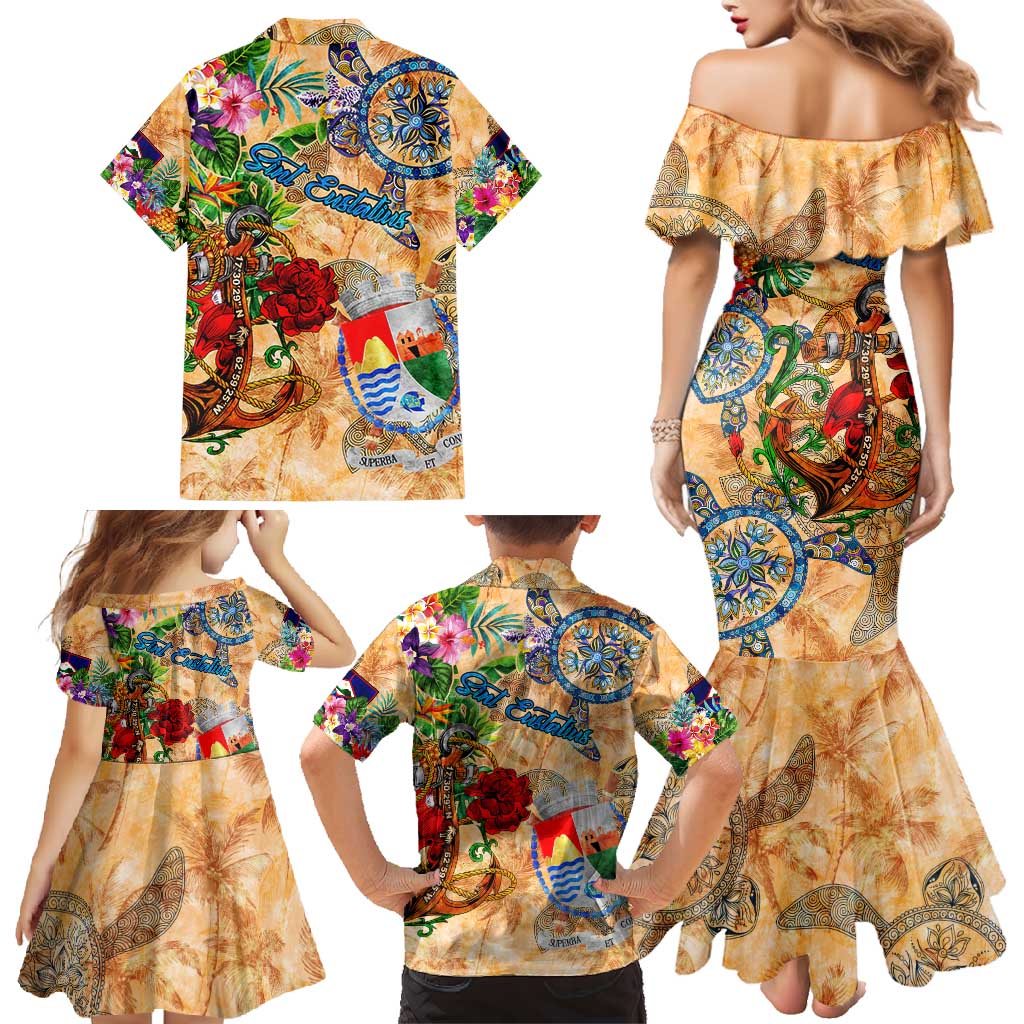 Sint Eustatius Family Matching Mermaid Dress and Hawaiian Shirt Geographic Coordinate Anchor - Turlte Tropical