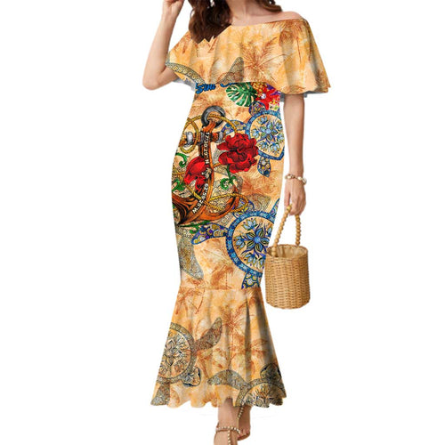 Sint Eustatius Family Matching Mermaid Dress and Hawaiian Shirt Geographic Coordinate Anchor - Turlte Tropical