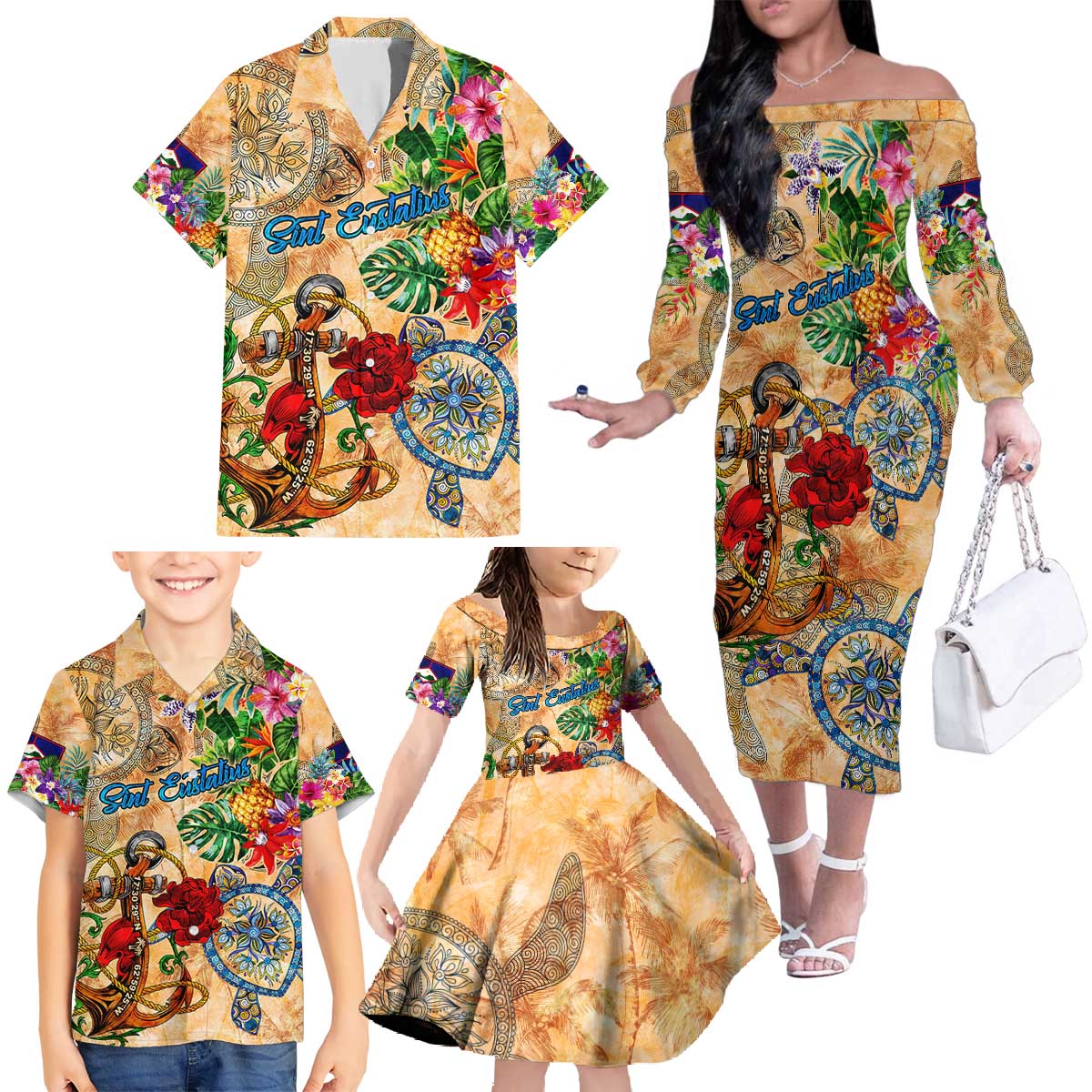 Sint Eustatius Family Matching Off The Shoulder Long Sleeve Dress and Hawaiian Shirt Geographic Coordinate Anchor - Turlte Tropical