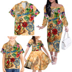 Sint Eustatius Family Matching Off The Shoulder Long Sleeve Dress and Hawaiian Shirt Geographic Coordinate Anchor - Turlte Tropical