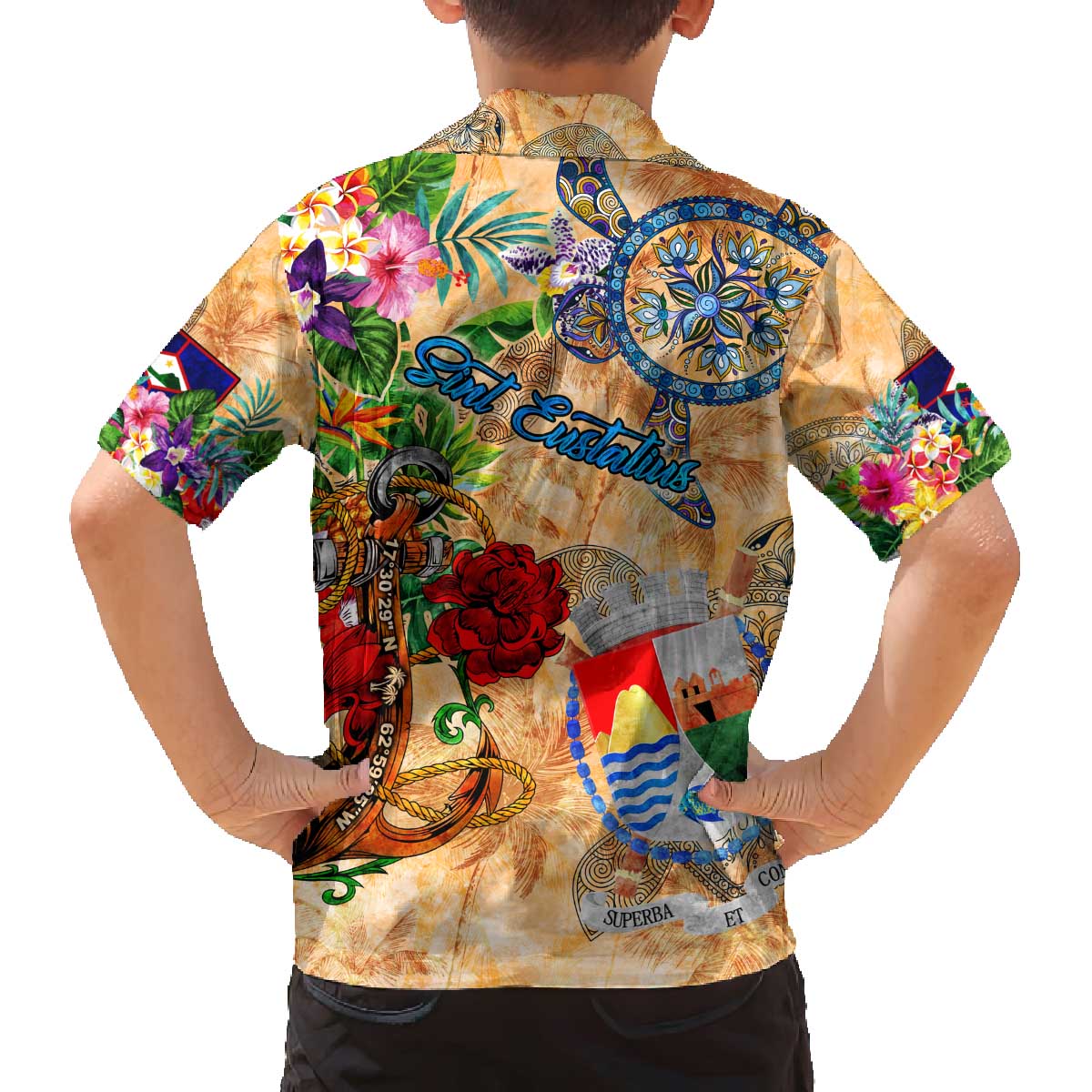 Sint Eustatius Family Matching Off The Shoulder Long Sleeve Dress and Hawaiian Shirt Geographic Coordinate Anchor - Turlte Tropical