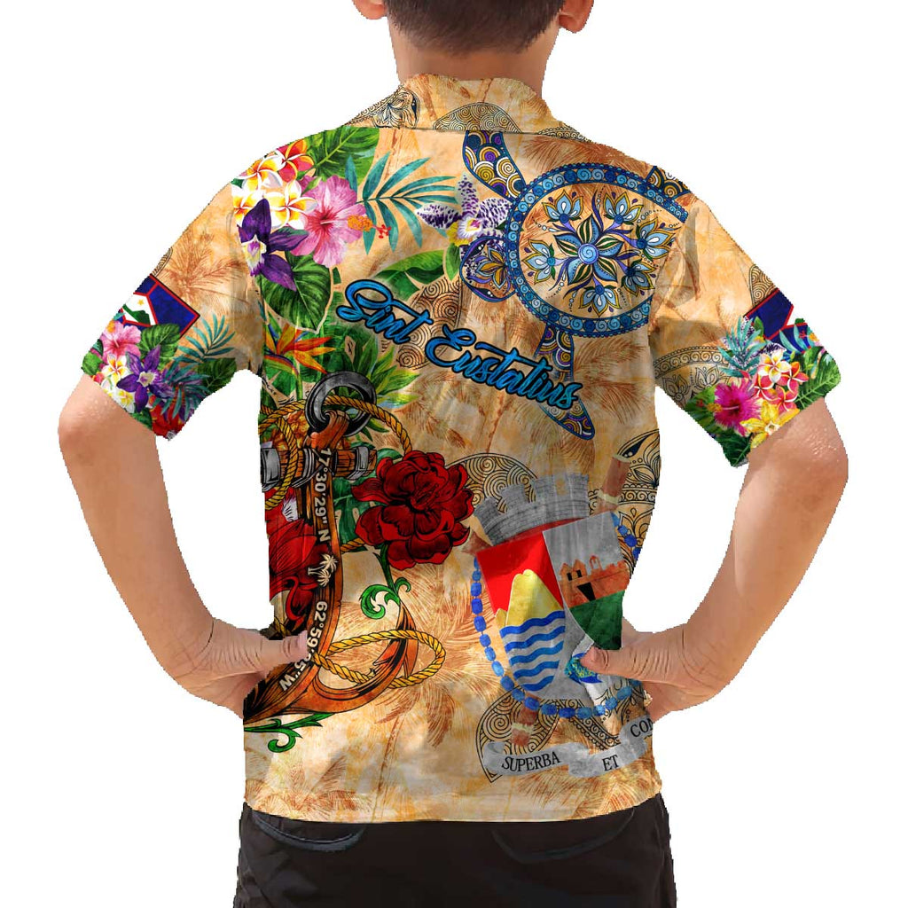 Sint Eustatius Family Matching Off The Shoulder Long Sleeve Dress and Hawaiian Shirt Geographic Coordinate Anchor - Turlte Tropical