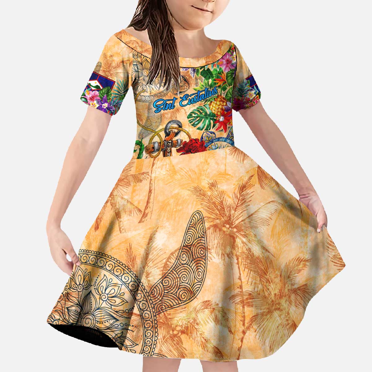 Sint Eustatius Family Matching Off The Shoulder Long Sleeve Dress and Hawaiian Shirt Geographic Coordinate Anchor - Turlte Tropical