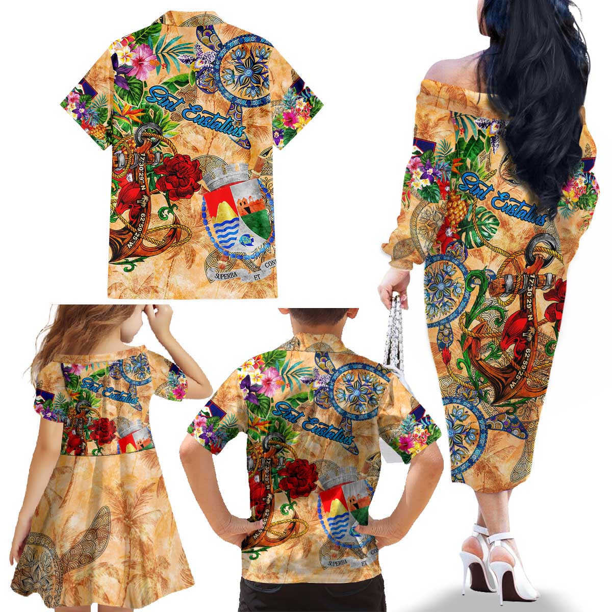 Sint Eustatius Family Matching Off The Shoulder Long Sleeve Dress and Hawaiian Shirt Geographic Coordinate Anchor - Turlte Tropical