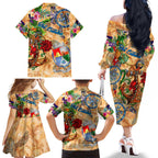 Sint Eustatius Family Matching Off The Shoulder Long Sleeve Dress and Hawaiian Shirt Geographic Coordinate Anchor - Turlte Tropical