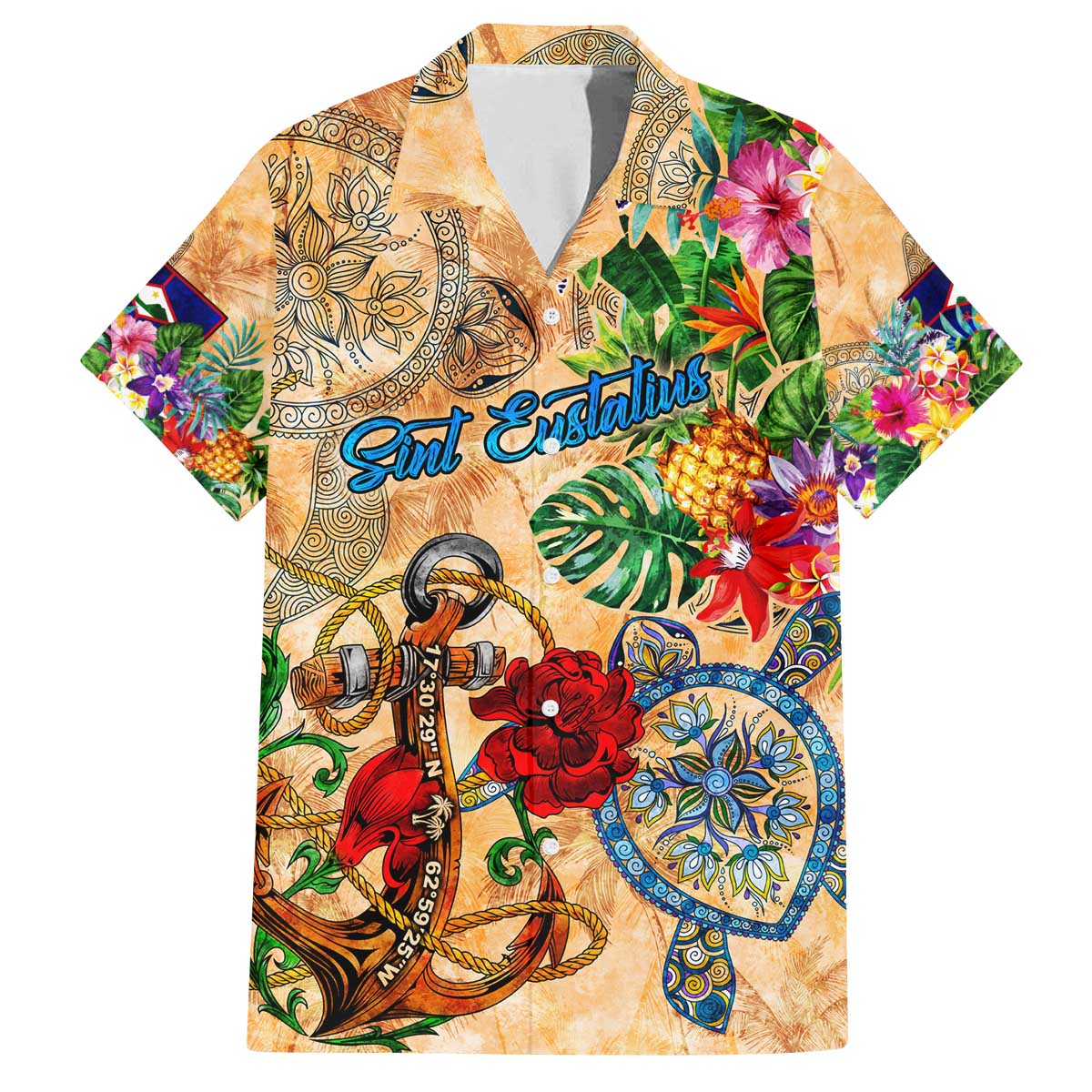 Sint Eustatius Family Matching Off The Shoulder Long Sleeve Dress and Hawaiian Shirt Geographic Coordinate Anchor - Turlte Tropical
