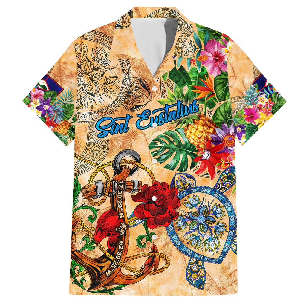 Sint Eustatius Family Matching Off The Shoulder Long Sleeve Dress and Hawaiian Shirt Geographic Coordinate Anchor - Turlte Tropical