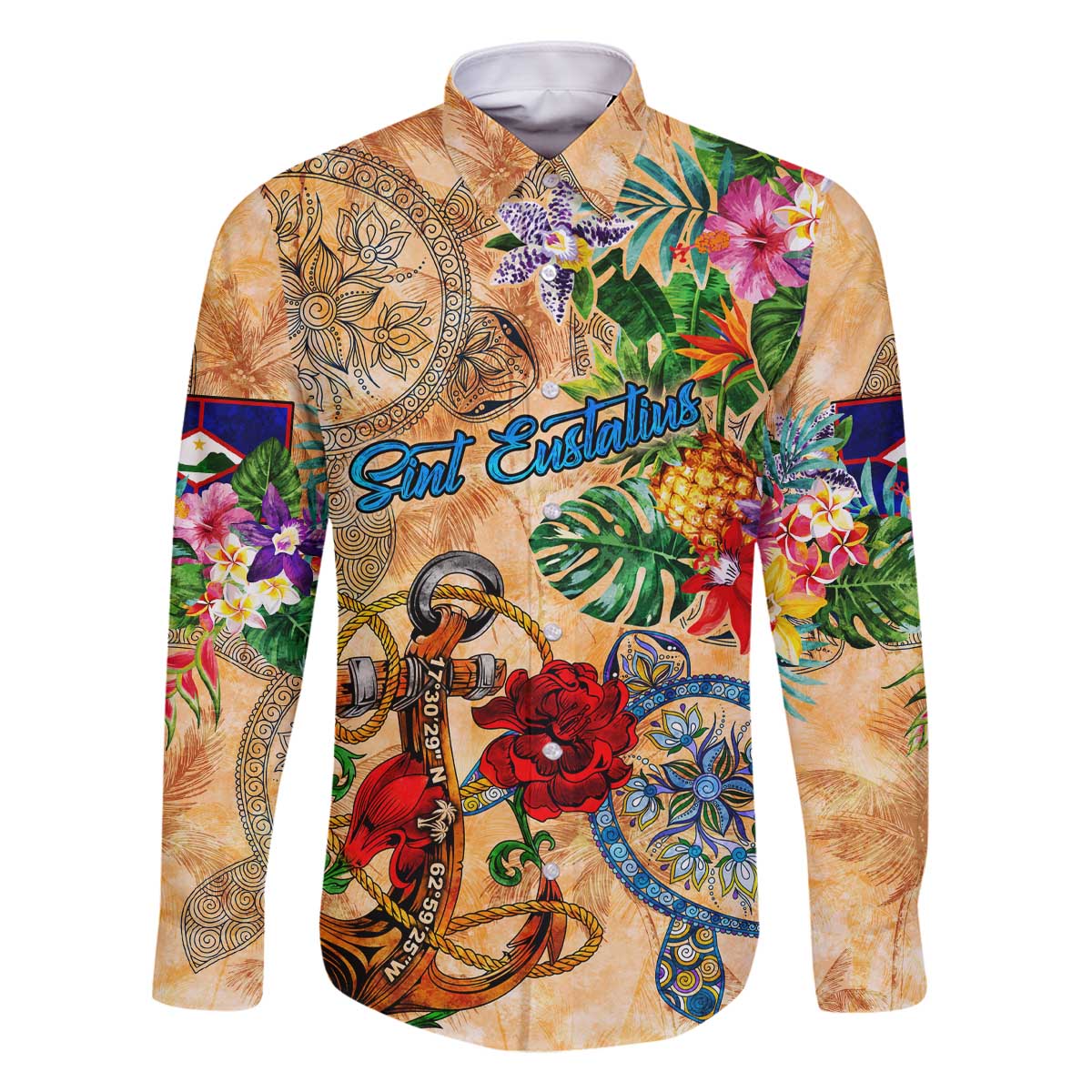Sint Eustatius Family Matching Off The Shoulder Long Sleeve Dress and Hawaiian Shirt Geographic Coordinate Anchor - Turlte Tropical