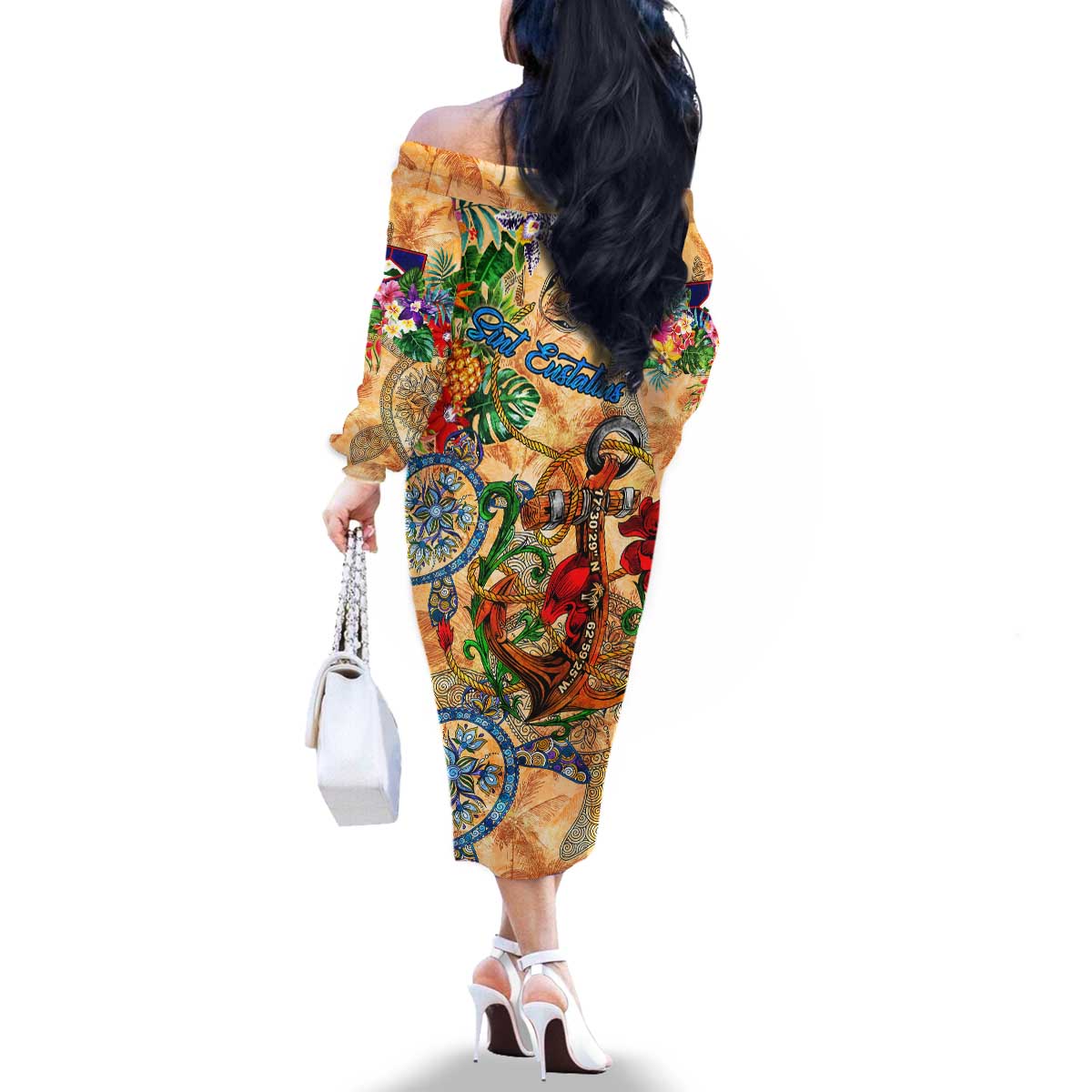 Sint Eustatius Family Matching Off The Shoulder Long Sleeve Dress and Hawaiian Shirt Geographic Coordinate Anchor - Turlte Tropical