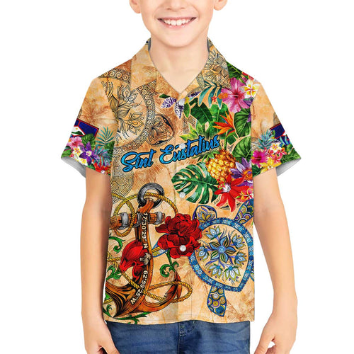 Sint Eustatius Family Matching Off The Shoulder Long Sleeve Dress and Hawaiian Shirt Geographic Coordinate Anchor - Turlte Tropical