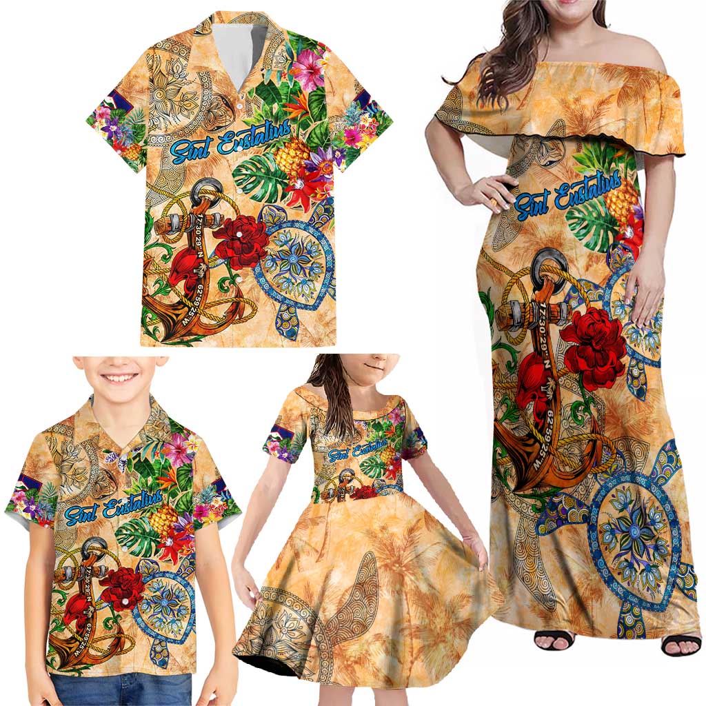 Sint Eustatius Family Matching Off Shoulder Maxi Dress and Hawaiian Shirt Geographic Coordinate Anchor - Turlte Tropical