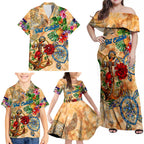 Sint Eustatius Family Matching Off Shoulder Maxi Dress and Hawaiian Shirt Geographic Coordinate Anchor - Turlte Tropical