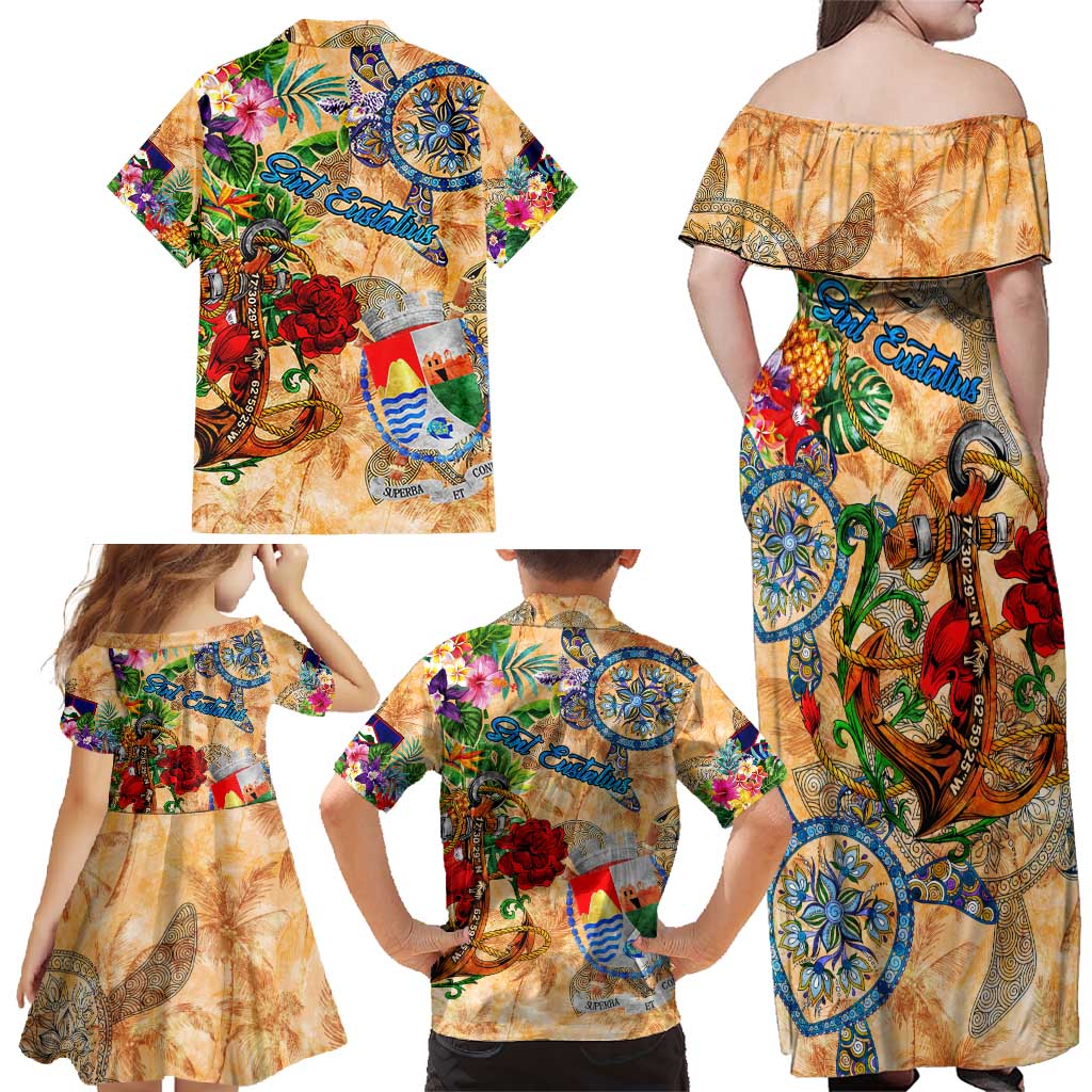 Sint Eustatius Family Matching Off Shoulder Maxi Dress and Hawaiian Shirt Geographic Coordinate Anchor - Turlte Tropical