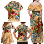 Sint Eustatius Family Matching Off Shoulder Maxi Dress and Hawaiian Shirt Geographic Coordinate Anchor - Turlte Tropical